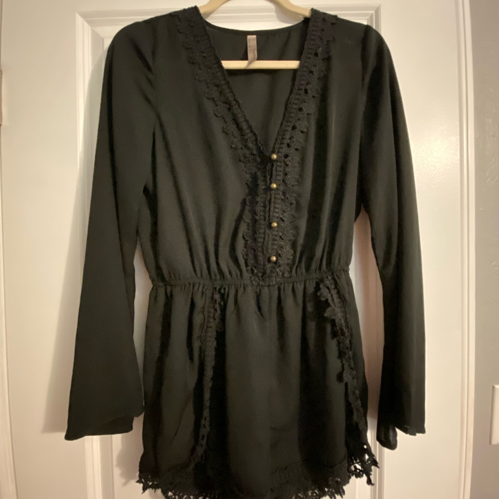 Black romper with gold buttons
